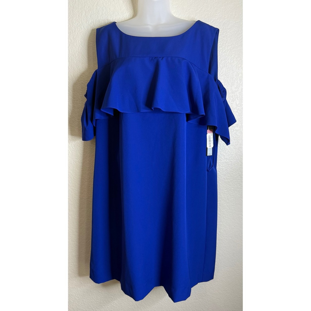 Tahari Arthur S. Levine Women 18W Dress Royal Blue Cold Shoulder Ruffle Chic NEW